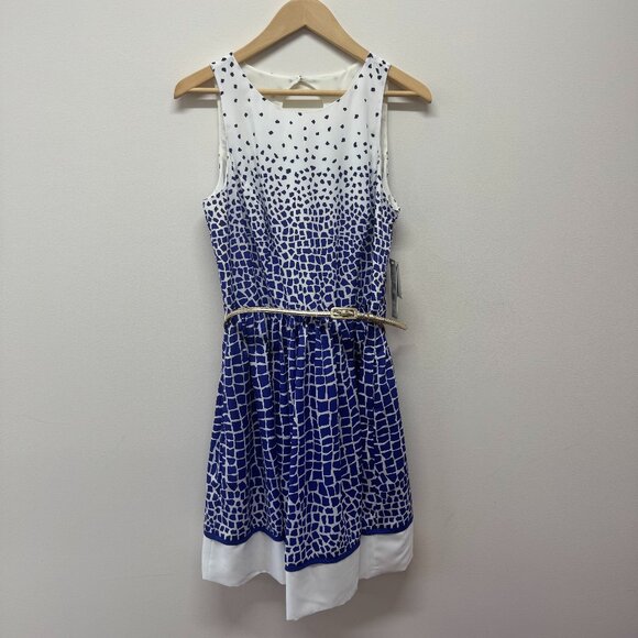 NWT Eliza J Missy Sleeveless Belt Fit+Flare Blue White Midi Dress MSRP $138 Size - Picture 1 of 11